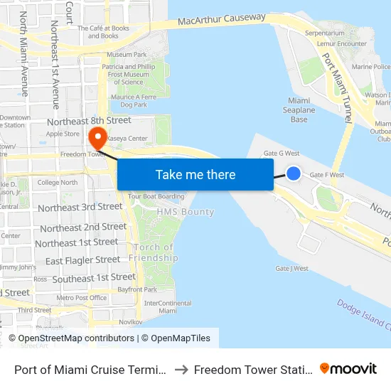 Port of Miami Cruise Terminal to Freedom Tower Station map