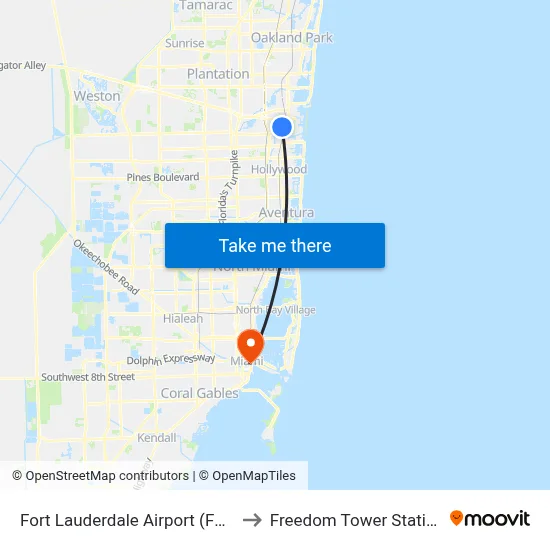 Fort Lauderdale Airport (FLL) to Freedom Tower Station map