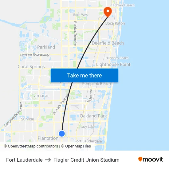 Fort Lauderdale to Flagler Credit Union Stadium map