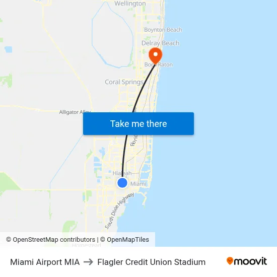 Miami Airport MIA to Flagler Credit Union Stadium map