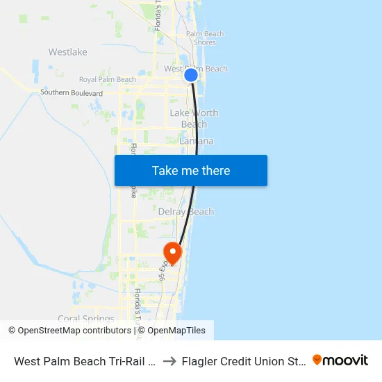 West Palm Beach Tri-Rail Station to Flagler Credit Union Stadium map
