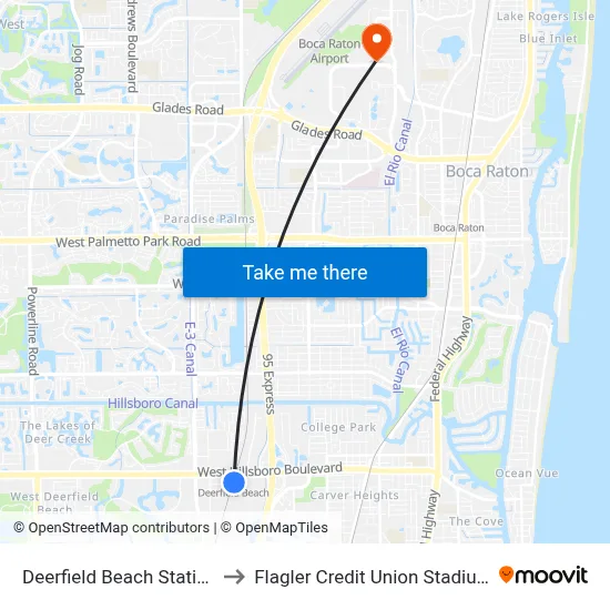 Deerfield Beach Station to Flagler Credit Union Stadium map