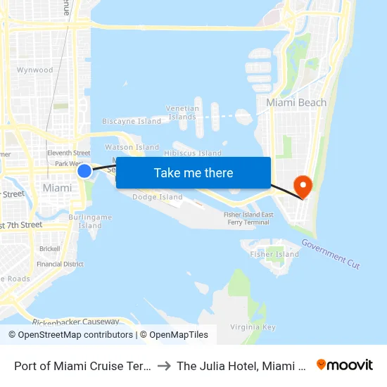 Port of Miami Cruise Terminal to The Julia Hotel, Miami Beach map