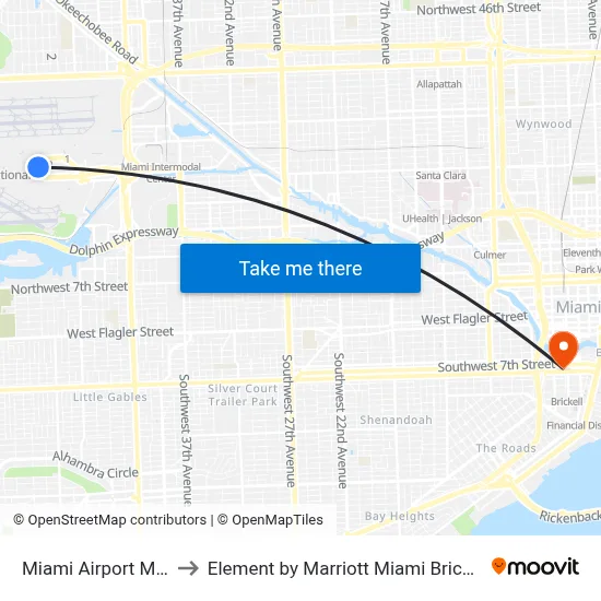 Miami Airport MIA to Element by Marriott Miami Brickell map