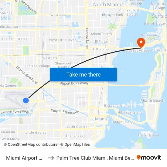 Miami Airport MIA to Palm Tree Club Miami, Miami Beach map
