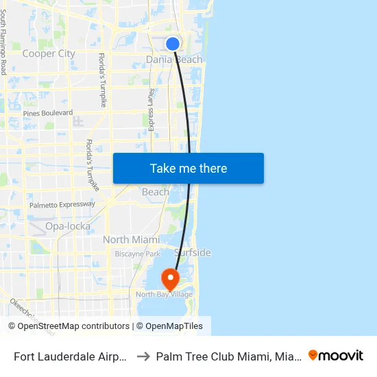 Fort Lauderdale Airport (FLL) to Palm Tree Club Miami, Miami Beach map
