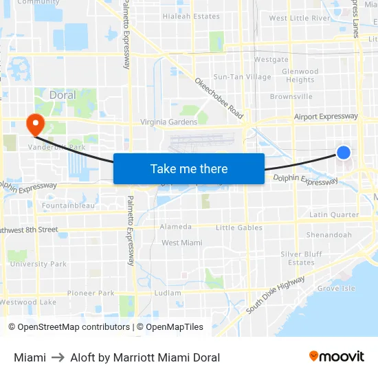 Miami to Aloft by Marriott Miami Doral map