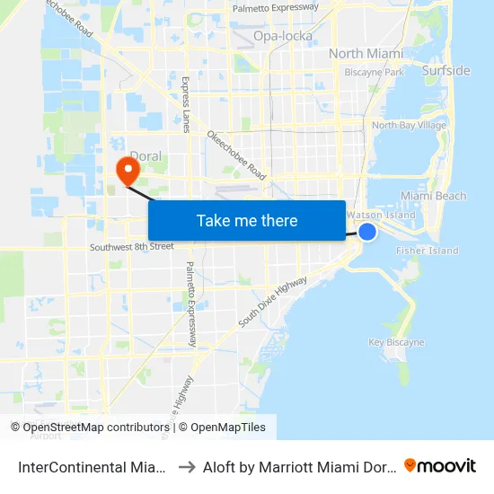 InterContinental Miami to Aloft by Marriott Miami Doral map