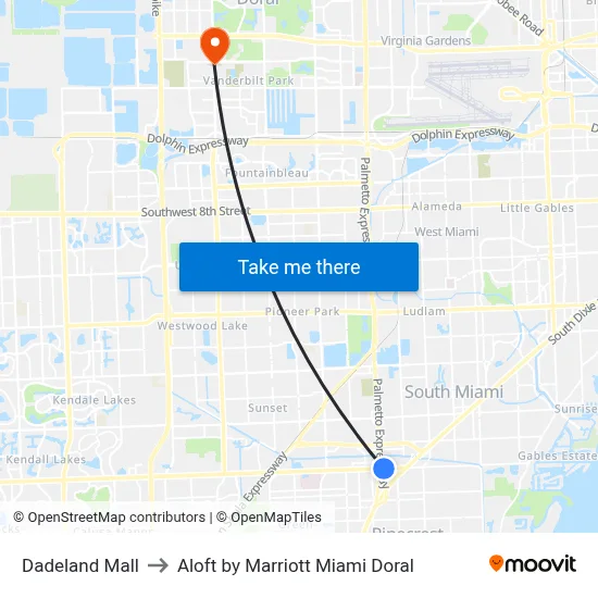 Dadeland Mall to Aloft by Marriott Miami Doral map