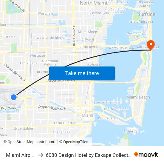 Miami Airport MIA to 6080 Design Hotel by Eskape Collection, Miami Beach map