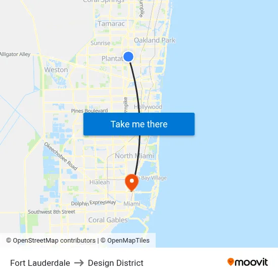 Fort Lauderdale to Design District map