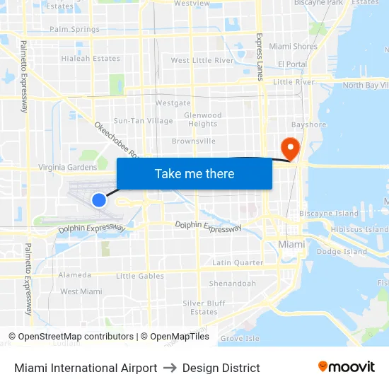Miami International Airport to Design District map
