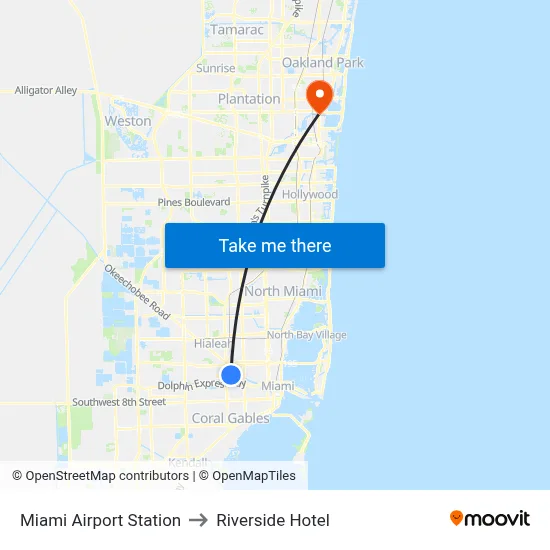 Miami Airport Station to Riverside Hotel map