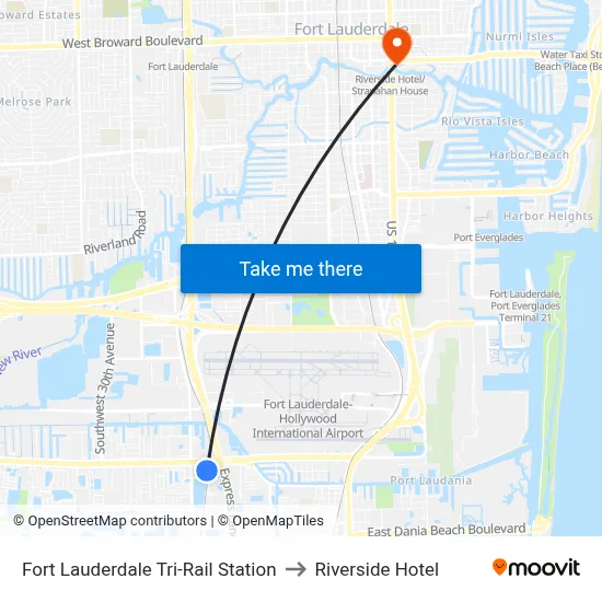 Fort Lauderdale Tri-Rail Station to Riverside Hotel map