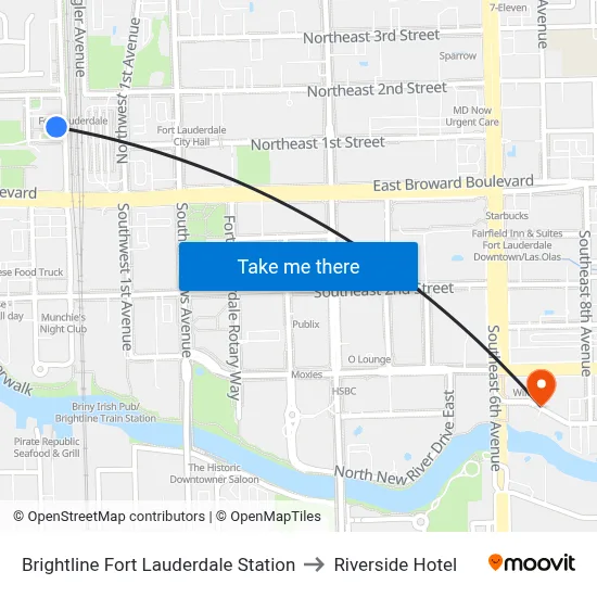 Brightline Fort Lauderdale Station to Riverside Hotel map