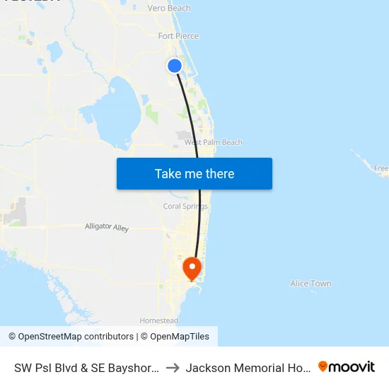 SW Psl Blvd & SE Bayshore Blvd to Jackson Memorial Hospital map