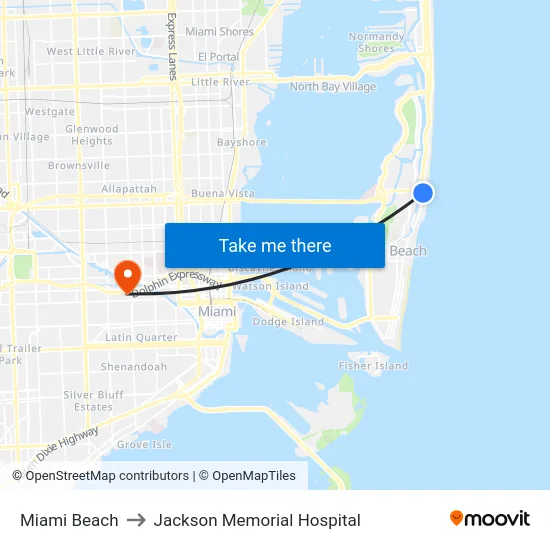 Miami Beach to Jackson Memorial Hospital map