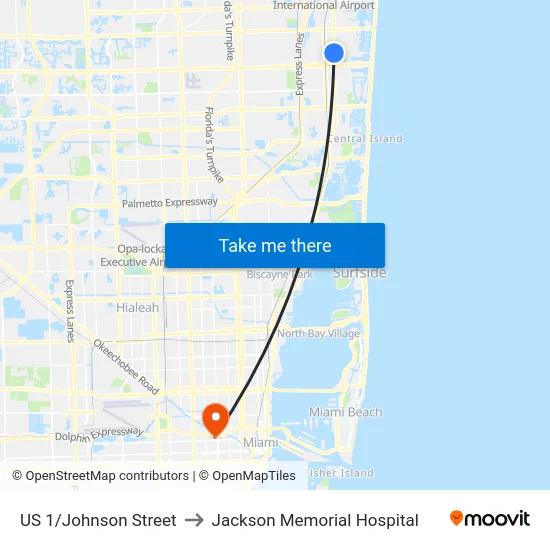 US 1/Johnson Street to Jackson Memorial Hospital map