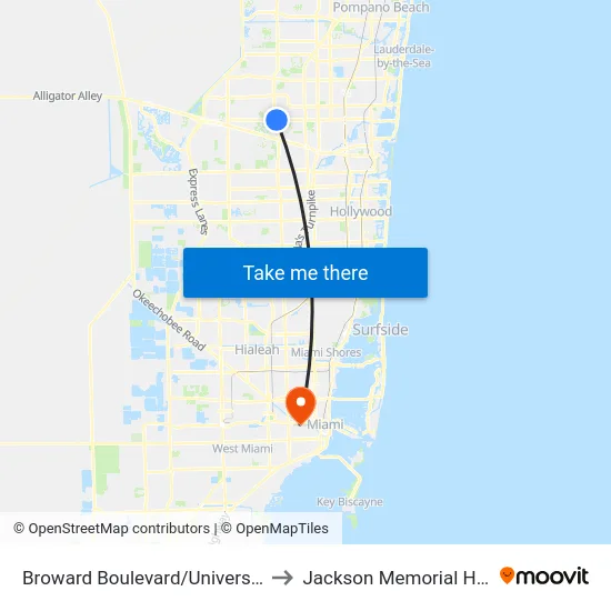 Broward Boulevard/University Drive to Jackson Memorial Hospital map