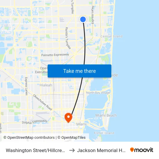 Washington Street/Hillcrest Drive to Jackson Memorial Hospital map