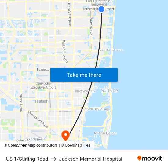 US 1/Stirling Road to Jackson Memorial Hospital map