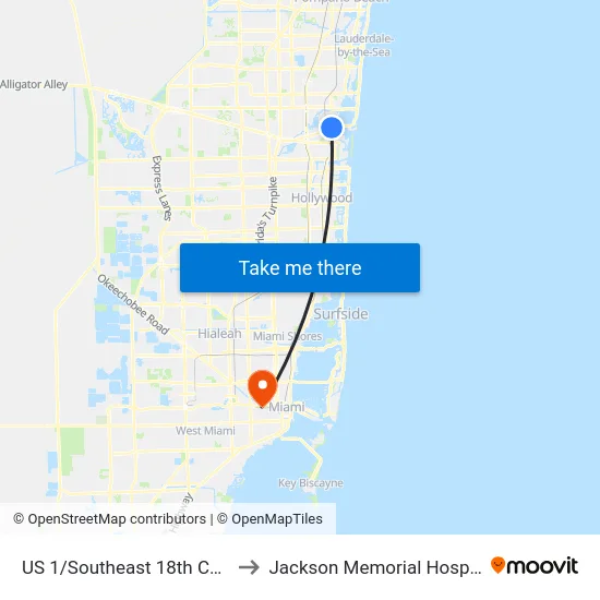 US 1/Southeast 18th Court to Jackson Memorial Hospital map