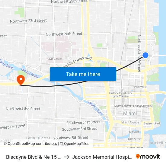 Biscayne Blvd & Ne 15 St to Jackson Memorial Hospital map