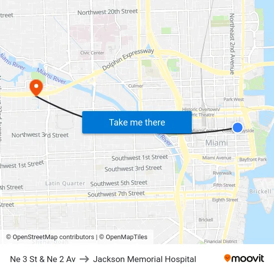 Ne 3 St & Ne 2 Av to Jackson Memorial Hospital map