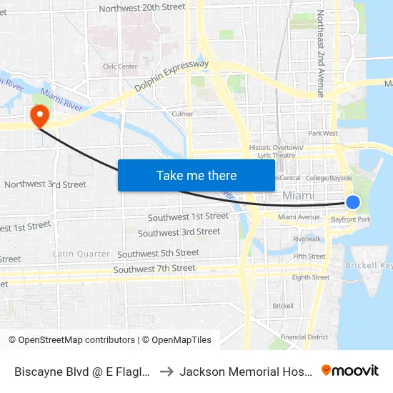 Biscayne Blvd @ E Flagler St to Jackson Memorial Hospital map
