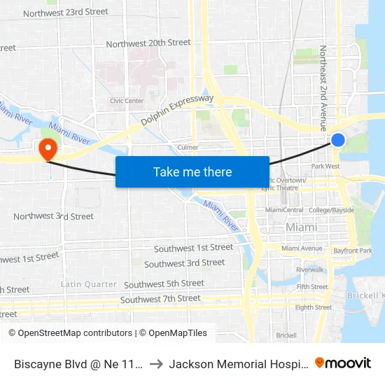 Biscayne Blvd @ Ne 11 St to Jackson Memorial Hospital map
