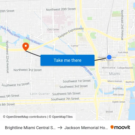 Brightline Miami Central Station to Jackson Memorial Hospital map