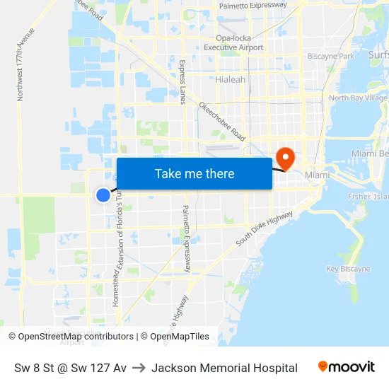 Sw 8 St @ Sw 127 Av to Jackson Memorial Hospital map