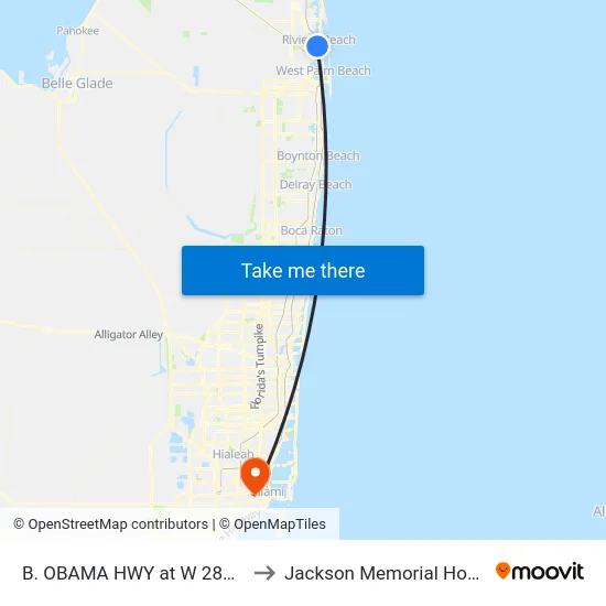 B. OBAMA HWY at  W 28TH ST to Jackson Memorial Hospital map