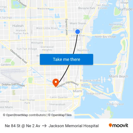 Ne 84 St @ Ne 2 Av to Jackson Memorial Hospital map
