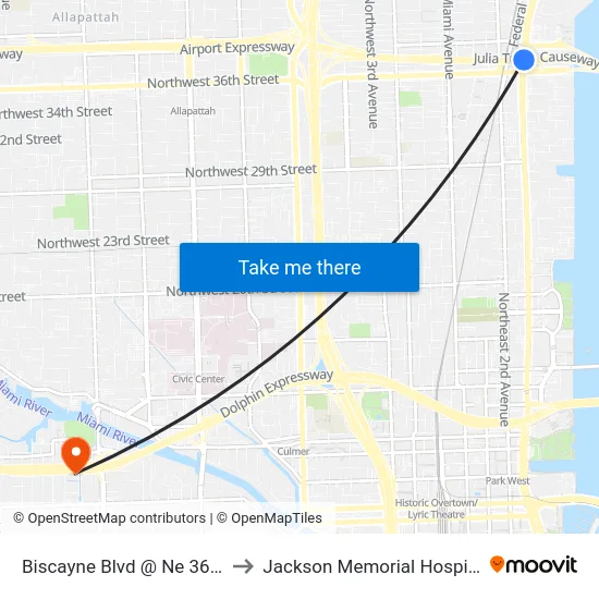 Biscayne Blvd @ Ne 36 St to Jackson Memorial Hospital map