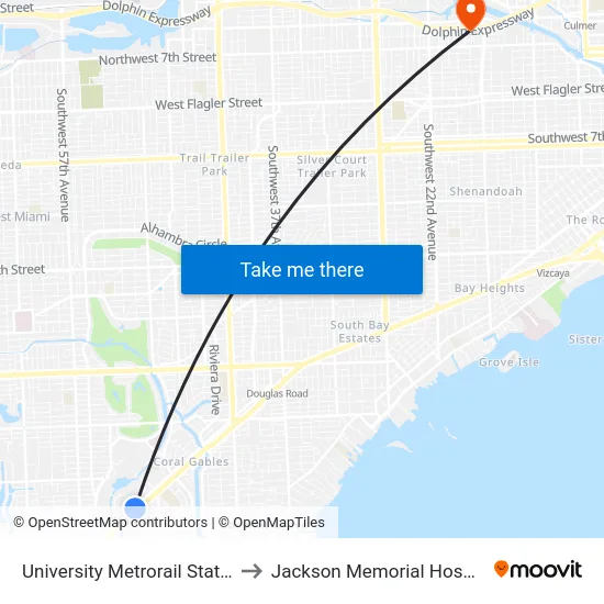 University Metrorail Station to Jackson Memorial Hospital map