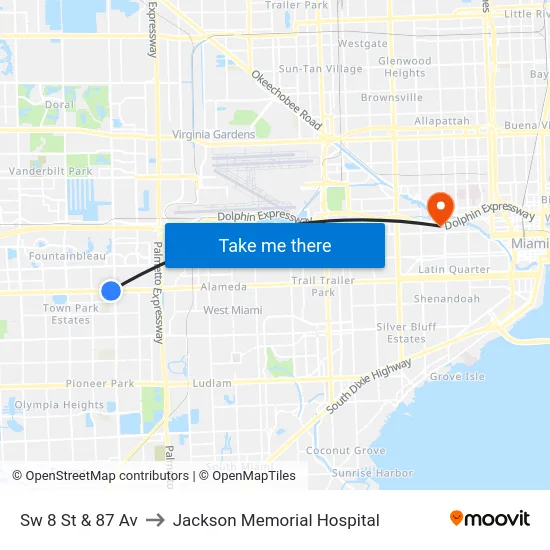 Sw 8 St & 87 Av to Jackson Memorial Hospital map