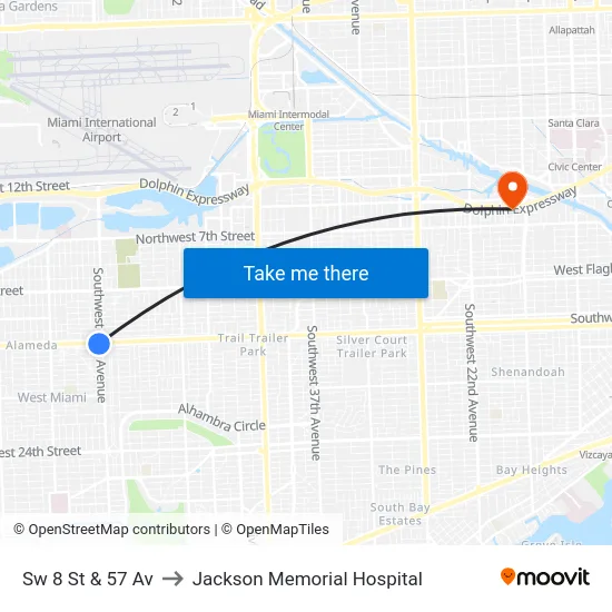 Sw 8 St & 57 Av to Jackson Memorial Hospital map