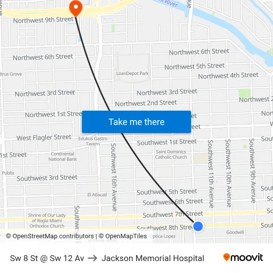 Sw 8 St @ Sw 12 Av to Jackson Memorial Hospital map