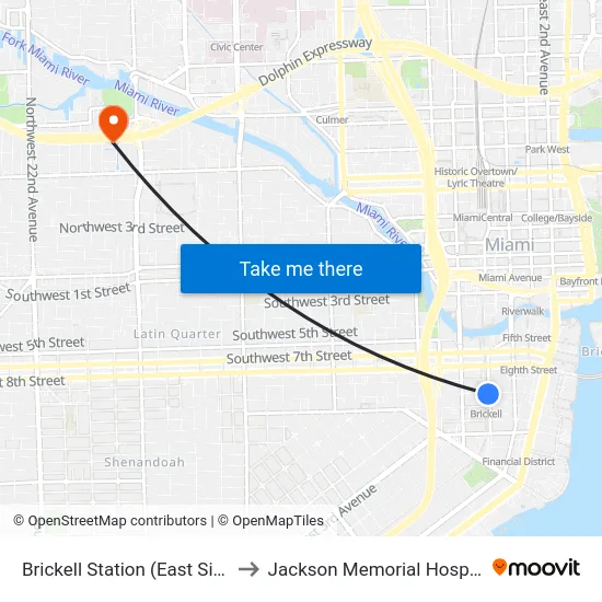 Brickell Station (East Side) to Jackson Memorial Hospital map