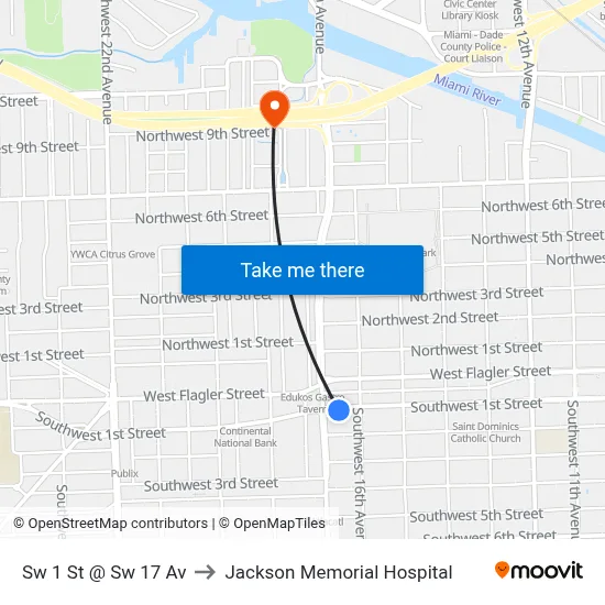 Sw 1 St @ Sw 17 Av to Jackson Memorial Hospital map