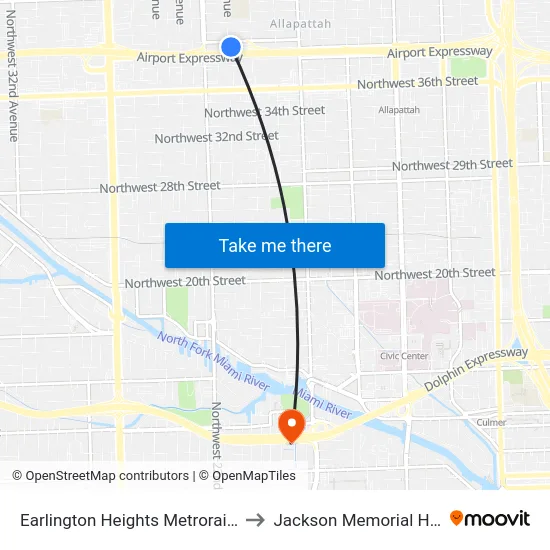 Earlington Heights Metrorail Station to Jackson Memorial Hospital map