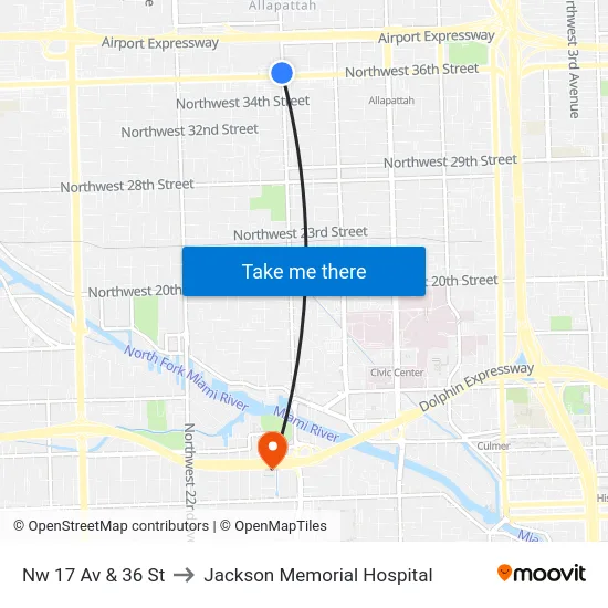 Nw 17 Av & 36 St to Jackson Memorial Hospital map