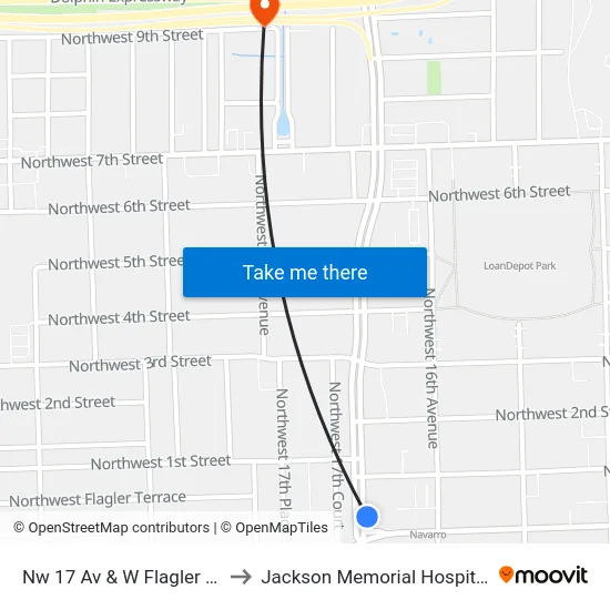 Nw 17 Av & W Flagler St to Jackson Memorial Hospital map