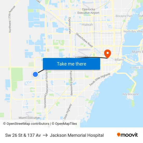 Sw 26 St & 137 Av to Jackson Memorial Hospital map