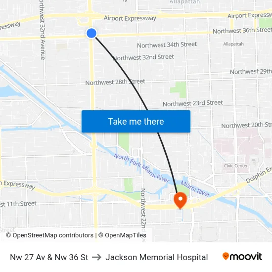 Nw 27 Av & Nw 36 St to Jackson Memorial Hospital map