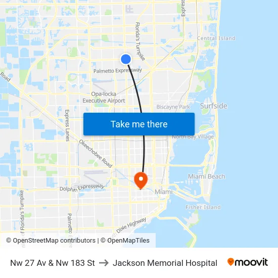 Nw 27 Ave @ Nw 183rd St to Jackson Memorial Hospital map