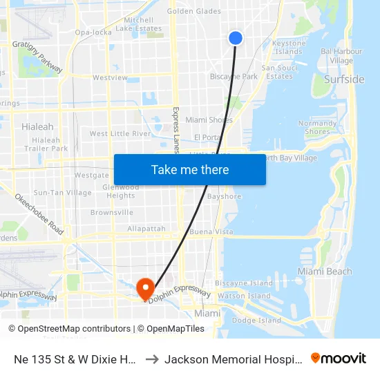 Ne 135 St & W Dixie Hwy to Jackson Memorial Hospital map