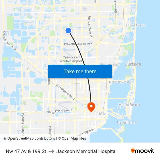 Nw 47 Av & 199 St to Jackson Memorial Hospital map