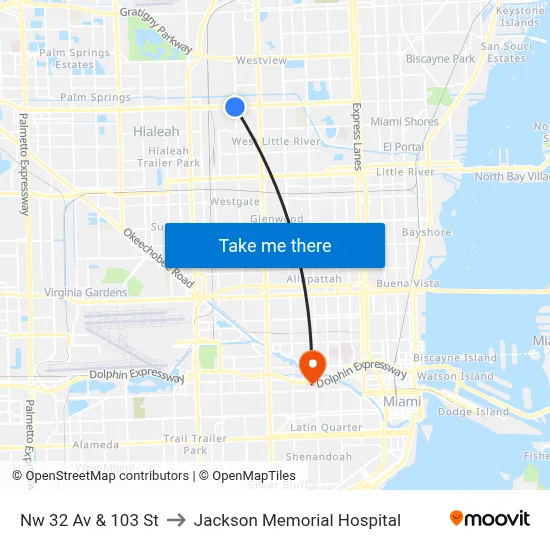Nw 32 Av & 103 St to Jackson Memorial Hospital map